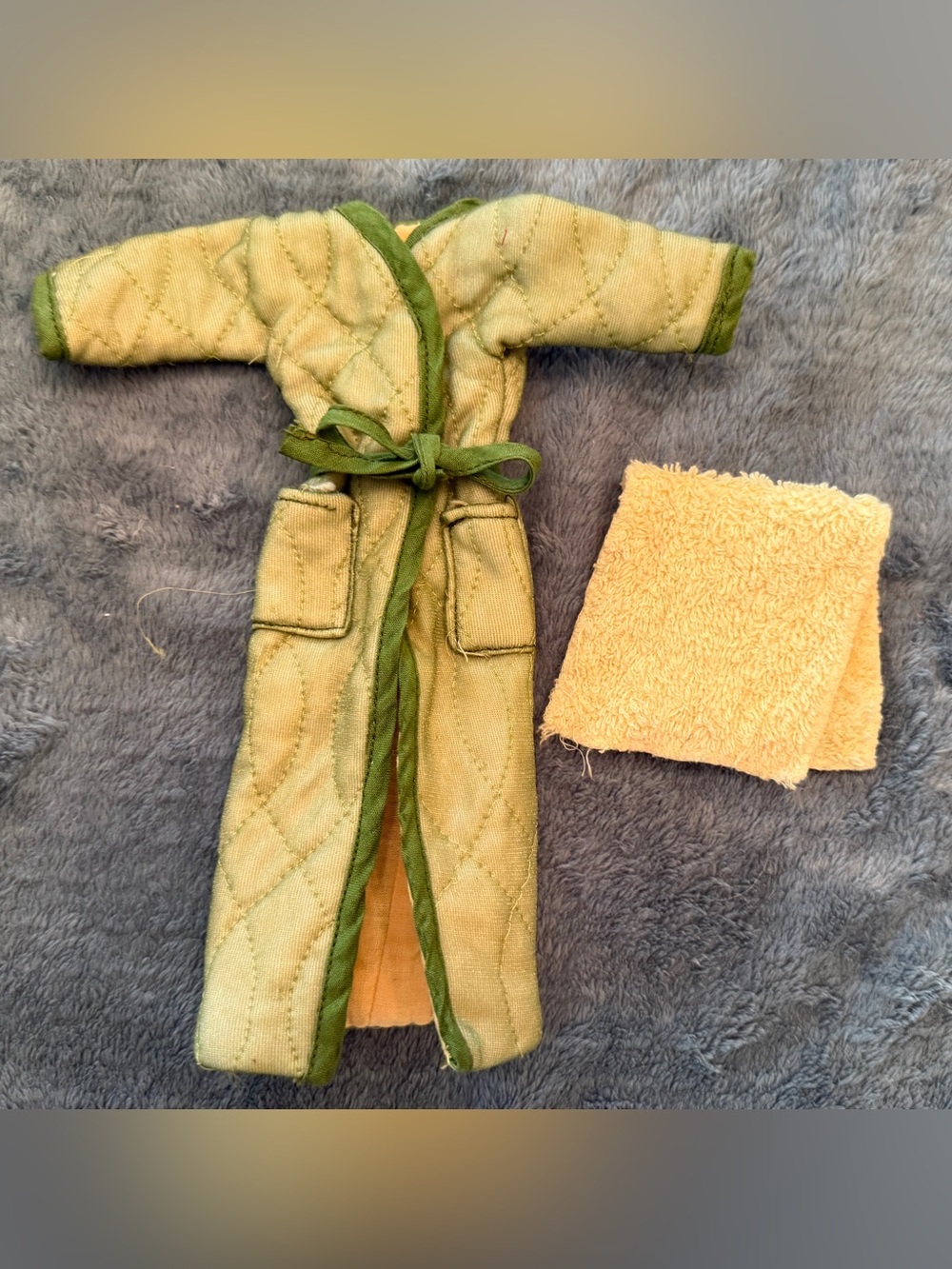 VTG Barbie Ken Tammy Allen Bath Robe w Tie Belt Green/Beige Trim + Towel 1960’s